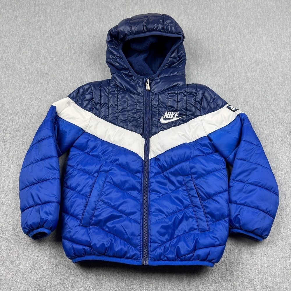 Nike Jacket Kids 6-7 Years Old Large Blue Puffer‎ Hooded Color-Block Full Zip